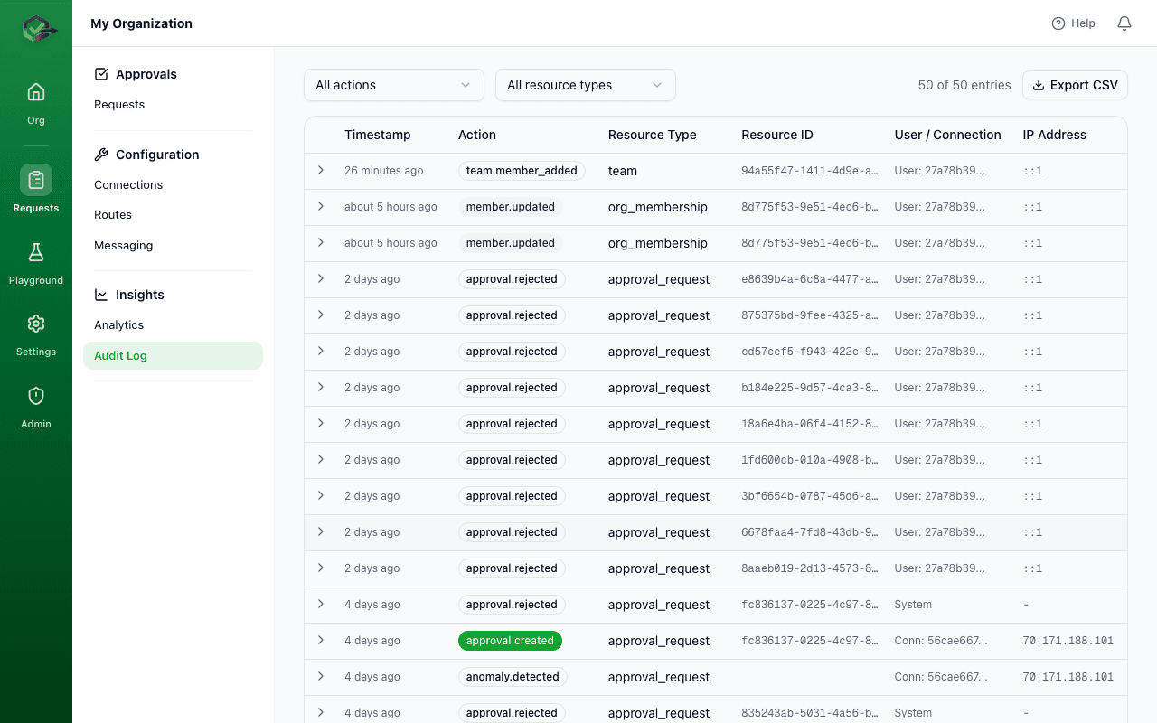 Audit log showing webhook delivery events and approval actions