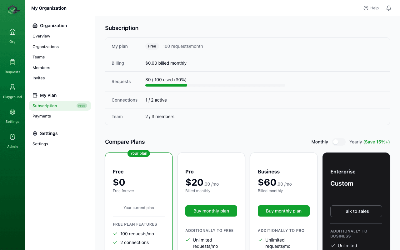 Billing dashboard showing current plan, usage stats, and upgrade options