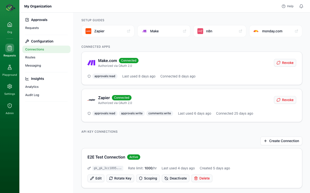 Connections page showing API key management