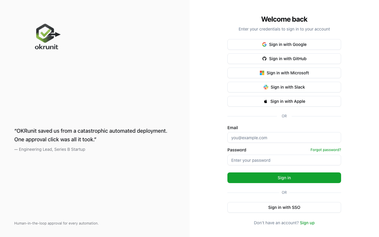 OKRunit login page with SSO option