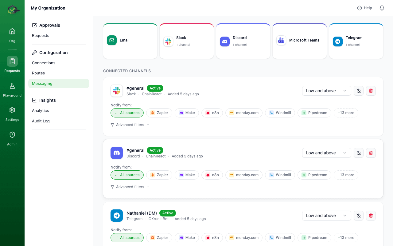 Messaging channels configuration showing Slack, Discord, Teams, Email, and Telegram options