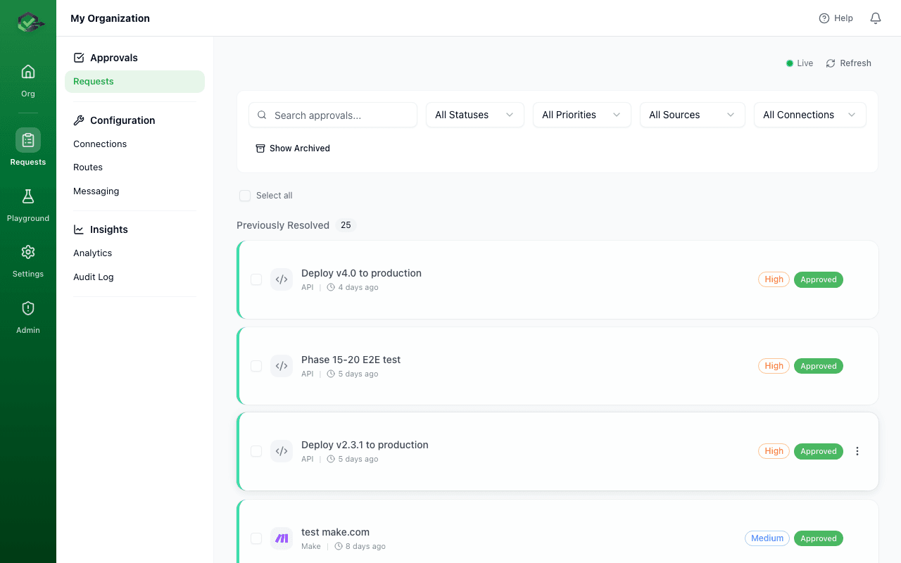 Approval requests list showing pending, approved, and rejected requests with filtering options