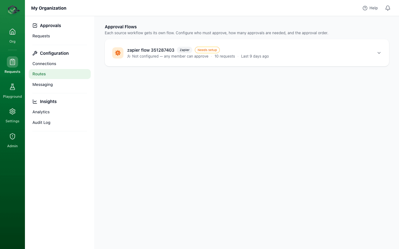 Approval routes configuration in the OKRunit dashboard